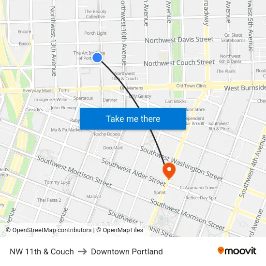 NW 11th & Couch to Downtown Portland map