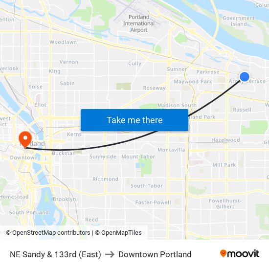 NE Sandy & 133rd (East) to Downtown Portland map