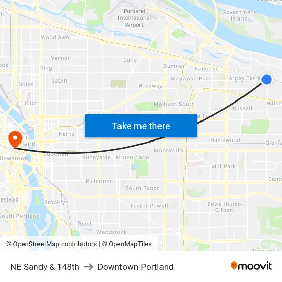 NE Sandy & 148th to Downtown Portland map