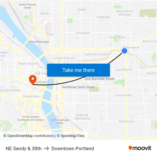 NE Sandy & 38th to Downtown Portland map