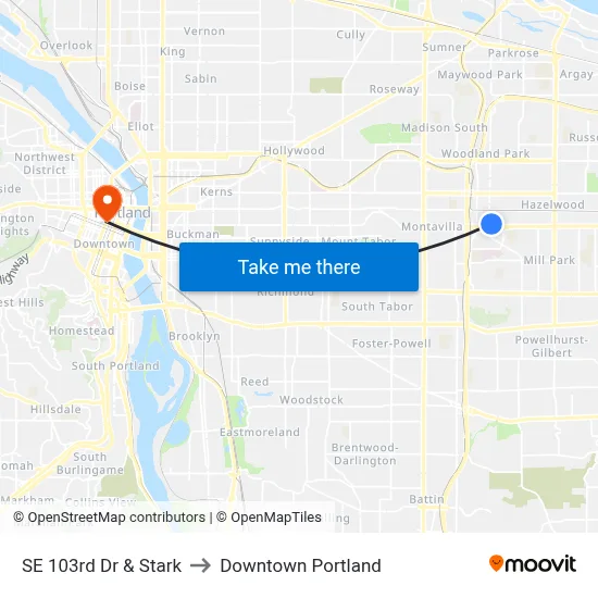 SE 103rd Dr & Stark to Downtown Portland map