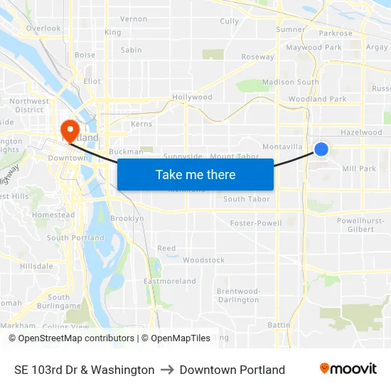SE 103rd Dr & Washington to Downtown Portland map