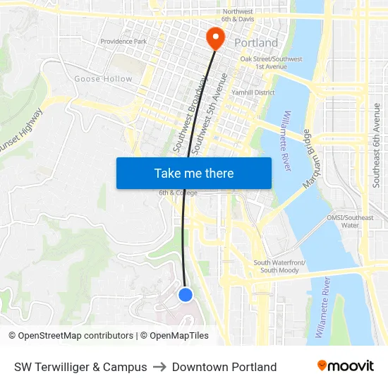 SW Terwilliger & Campus to Downtown Portland map