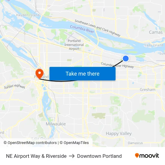 NE Airport Way & Riverside to Downtown Portland map