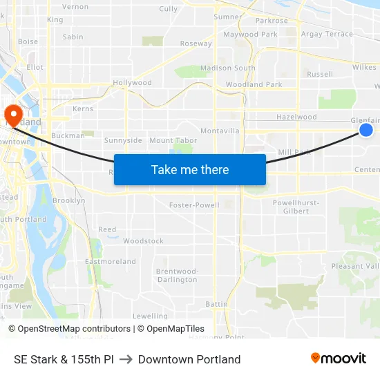 SE Stark & 155th Pl to Downtown Portland map