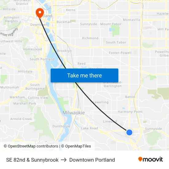 SE 82nd & Sunnybrook to Downtown Portland map
