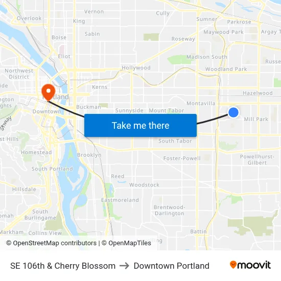 SE 106th & Cherry Blossom to Downtown Portland map