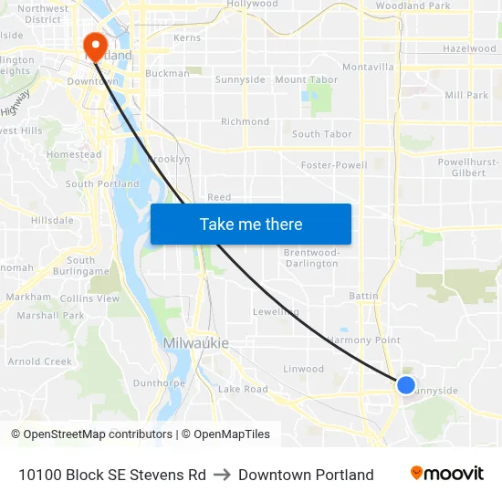 10100 Block SE Stevens Rd to Downtown Portland map