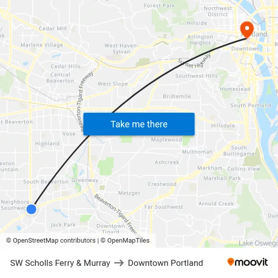 SW Scholls Ferry & Murray to Downtown Portland map