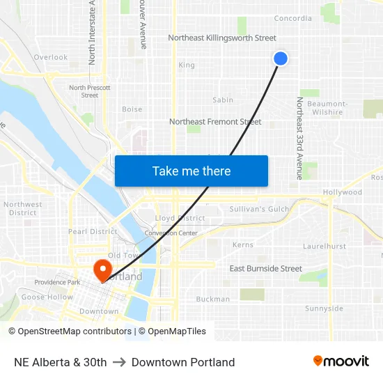 NE Alberta & 30th to Downtown Portland map