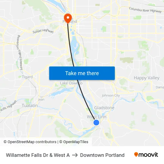 Willamette Falls Dr & West A to Downtown Portland map