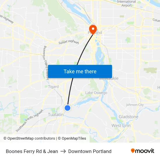 Boones Ferry Rd & Jean to Downtown Portland map