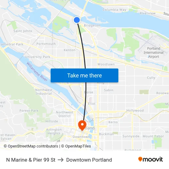 N Marine & Pier 99 St to Downtown Portland map