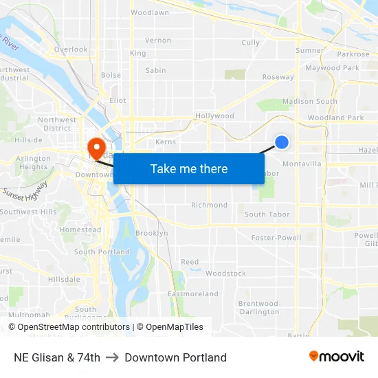 NE Glisan & 74th to Downtown Portland map