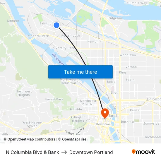 N Columbia Blvd & Bank to Downtown Portland map