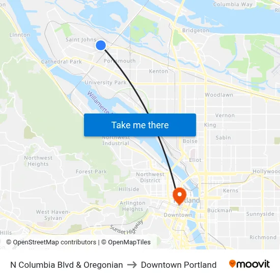 N Columbia Blvd & Oregonian to Downtown Portland map