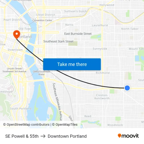 SE Powell & 55th to Downtown Portland map