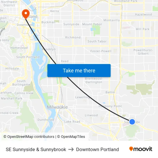 SE Sunnyside & Sunnybrook to Downtown Portland map