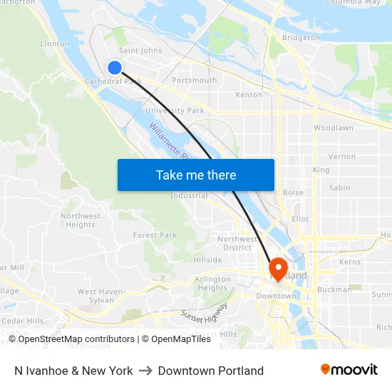 N Ivanhoe & New York to Downtown Portland map