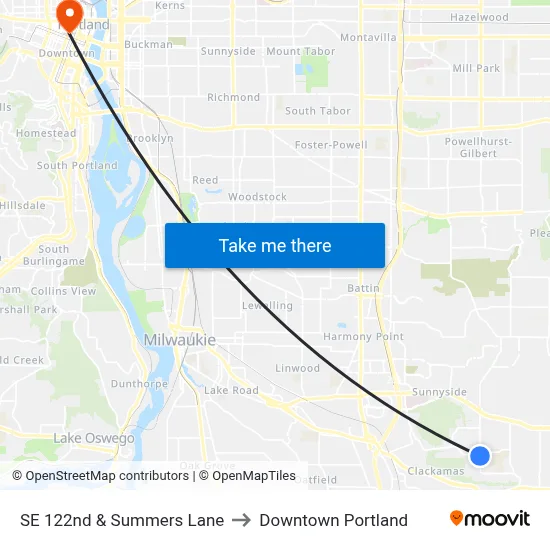 SE 122nd & Summers Lane to Downtown Portland map