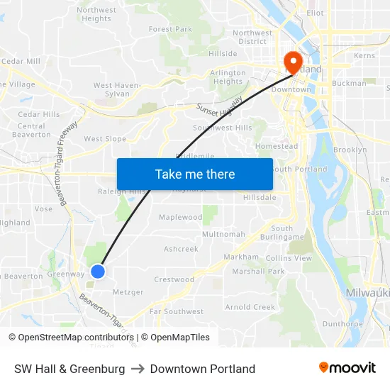 SW Hall & Greenburg to Downtown Portland map
