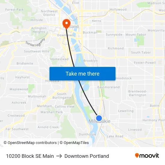 10200 Block SE Main to Downtown Portland map