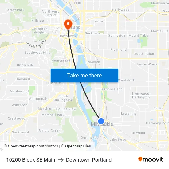 10200 Block SE Main to Downtown Portland map