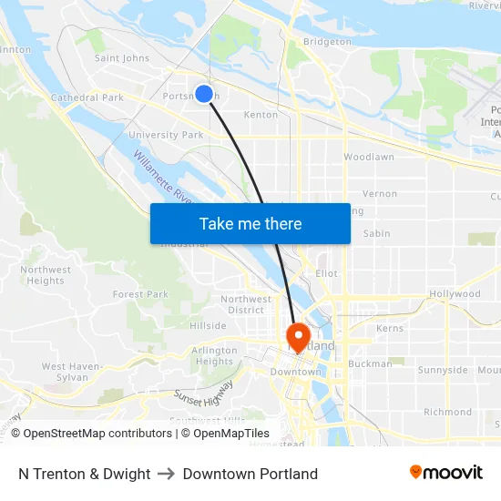 N Trenton & Dwight to Downtown Portland map