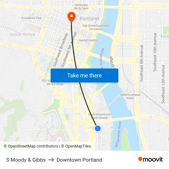 S Moody & Gibbs to Downtown Portland map