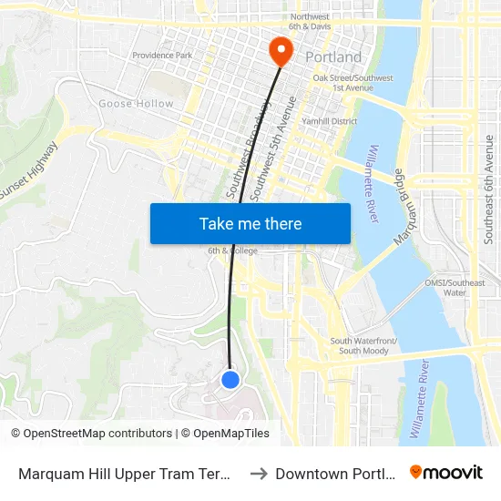 Marquam Hill Upper Tram Terminal to Downtown Portland map