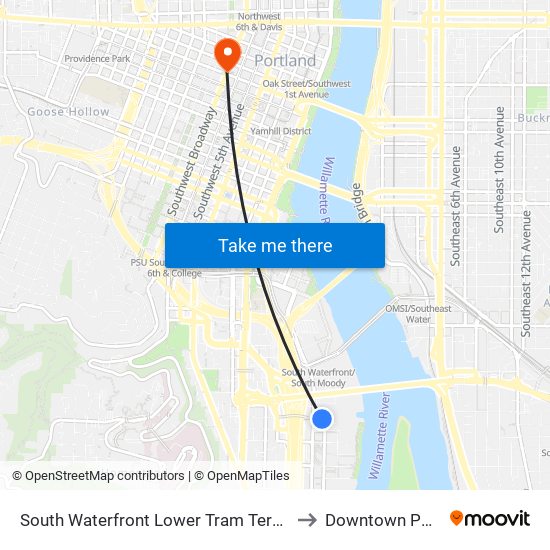 South Waterfront Lower Tram Terminal (West) to Downtown Portland map