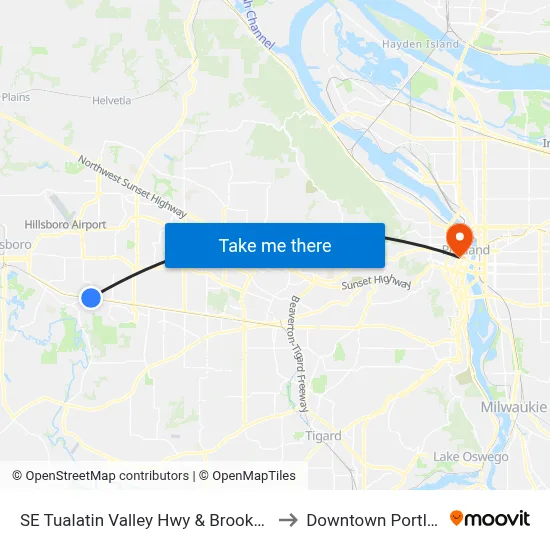 SE Tualatin Valley Hwy & Brookwood to Downtown Portland map