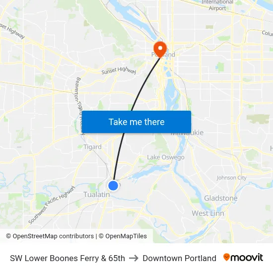SW Lower Boones Ferry & 65th to Downtown Portland map