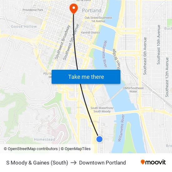 S Moody & Gaines (South) to Downtown Portland map