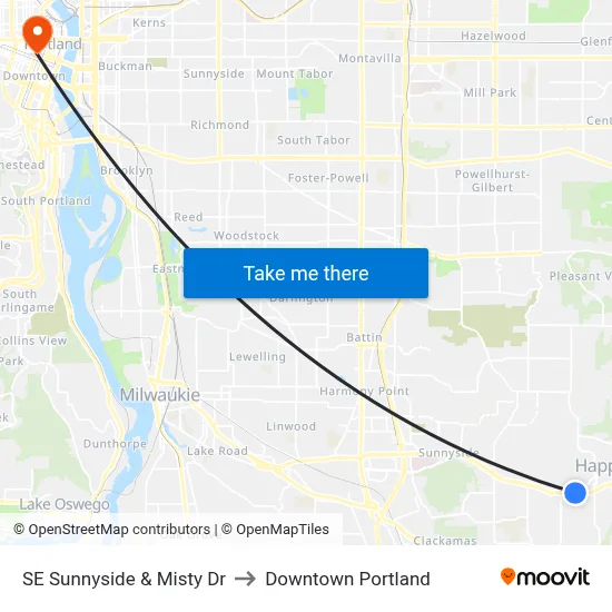 SE Sunnyside & Misty Dr to Downtown Portland map