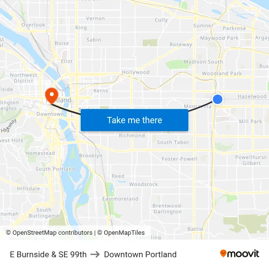 E Burnside & SE 99th to Downtown Portland map
