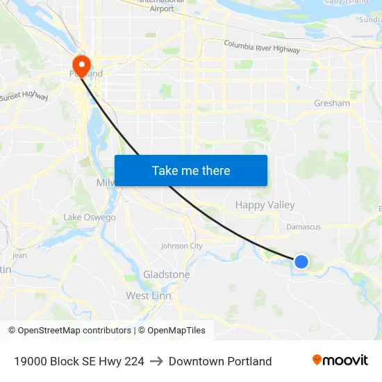 19000 Block SE Hwy 224 to Downtown Portland map