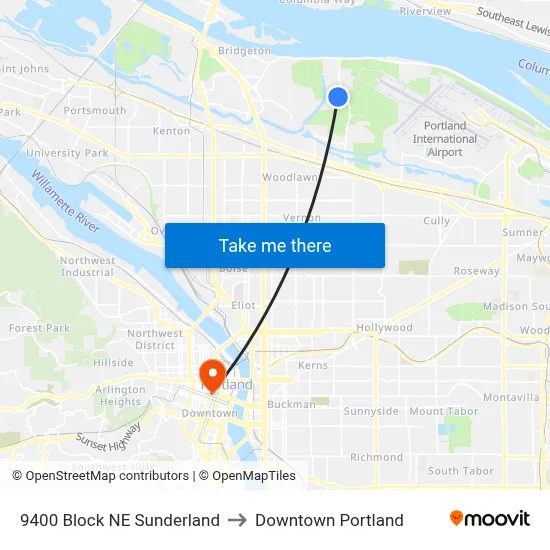 9400 Block NE Sunderland to Downtown Portland map