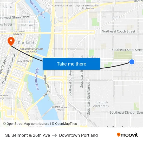 SE Belmont & 26th Ave to Downtown Portland map