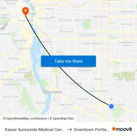 Kaiser Sunnyside Medical Center to Downtown Portland map