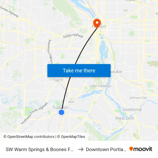 SW Warm Springs & Boones Ferry to Downtown Portland map