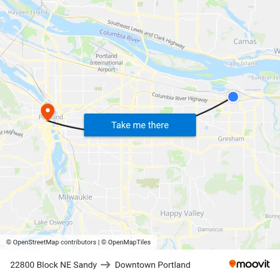 22800 Block NE Sandy to Downtown Portland map