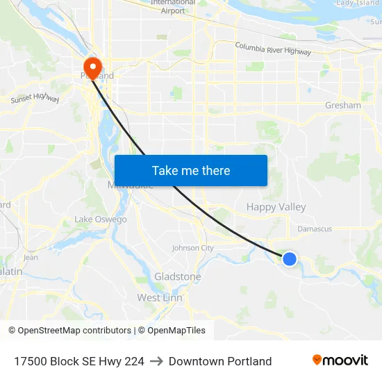 17500 Block SE Hwy 224 to Downtown Portland map