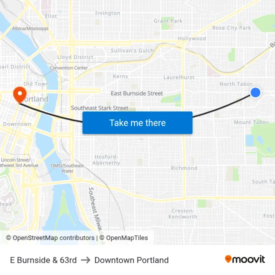E Burnside & 63rd to Downtown Portland map