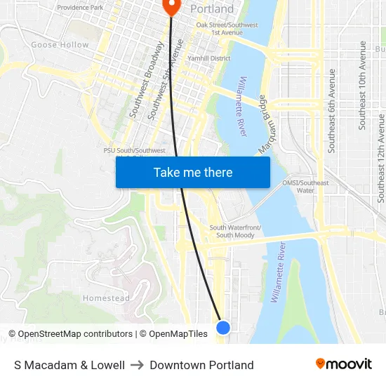 S Macadam & Lowell to Downtown Portland map