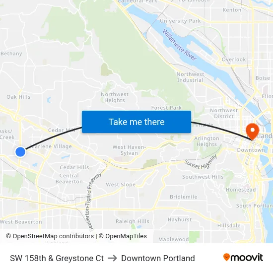 SW 158th & Greystone Ct to Downtown Portland map