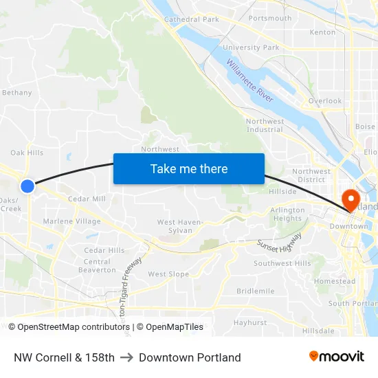 NW Cornell & 158th to Downtown Portland map