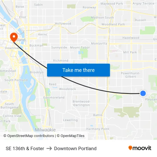 SE 136th & Foster to Downtown Portland map