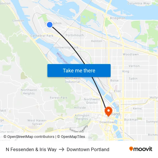N Fessenden & Iris Way to Downtown Portland map