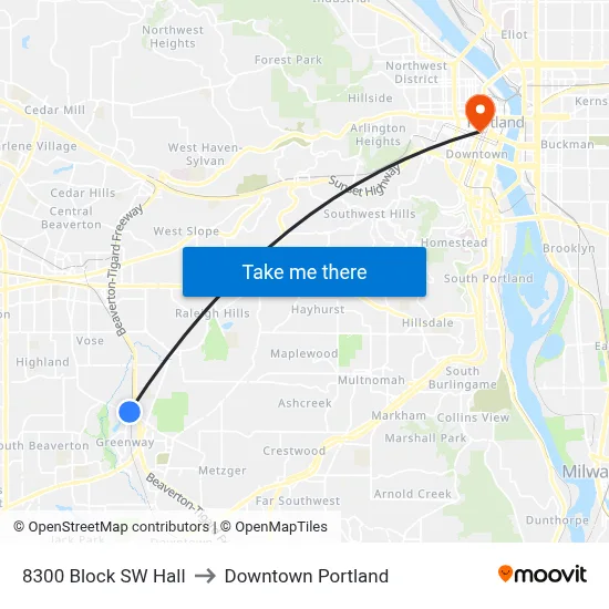 8300 Block SW Hall to Downtown Portland map